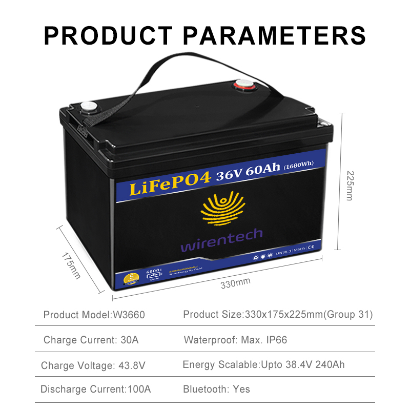 WIRENTECH Batterie au lithium rechargeable 36 V 60 Ah pour fourgonnette